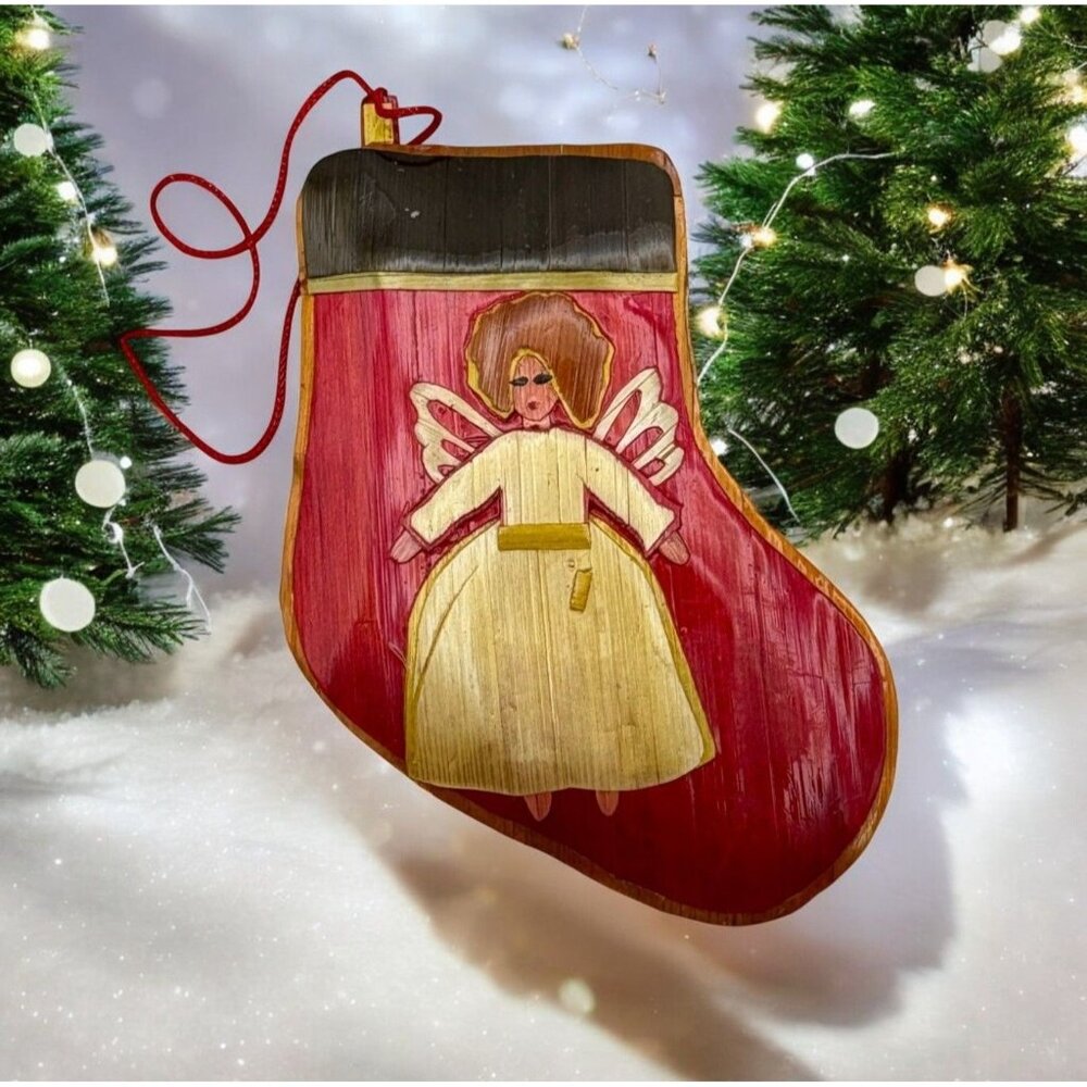 Vintage Handcrafted Angel Christmas Stocking Tree Ornament Woven Straw